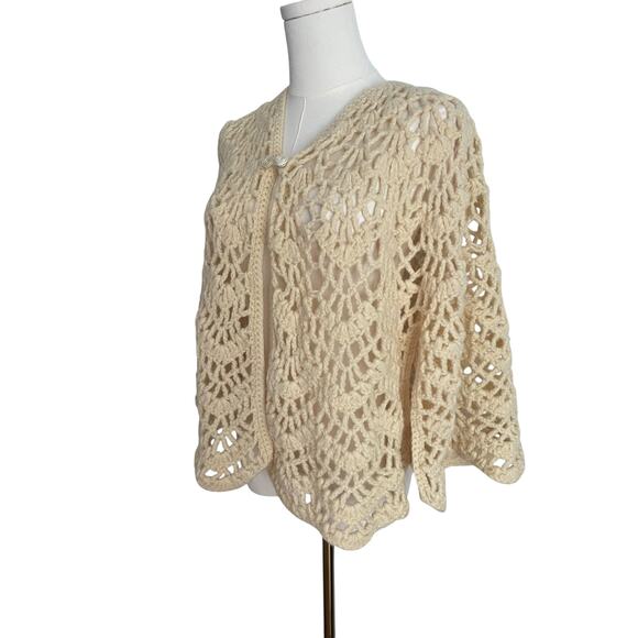 VTG. Crochet Sweater Cape Cardigan Womens M Open Knit Boho Festival Fairy 70s - Picture 2 of 12